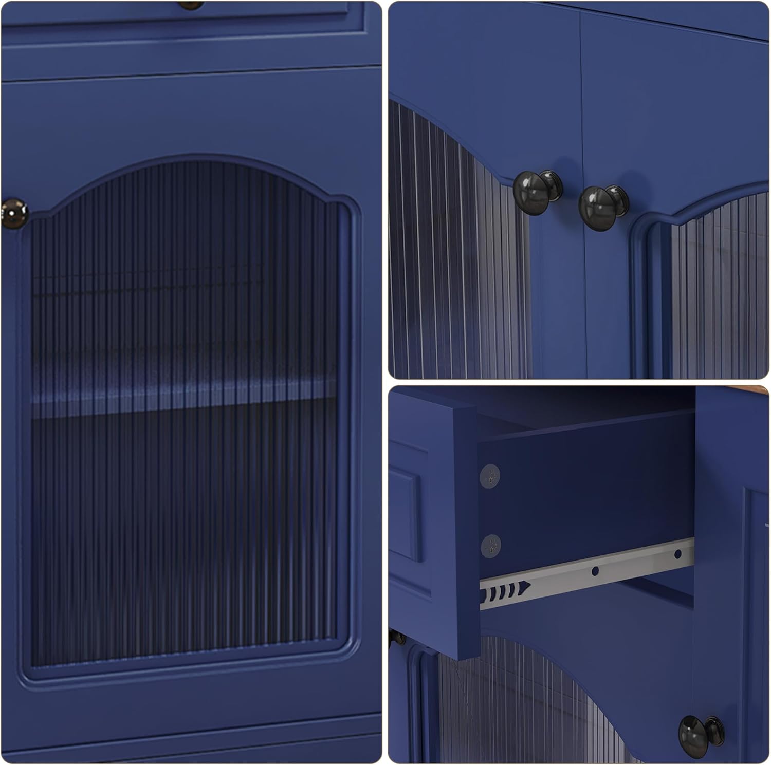 Kitchen Pantry Cabinet with Drawer Storage, 48” Modern Farmhosue Kitchen Hutch with Glass Doors, Blue Storage Cabinet with Countertop and Adjustable Shelves for Dining Room, Living Room