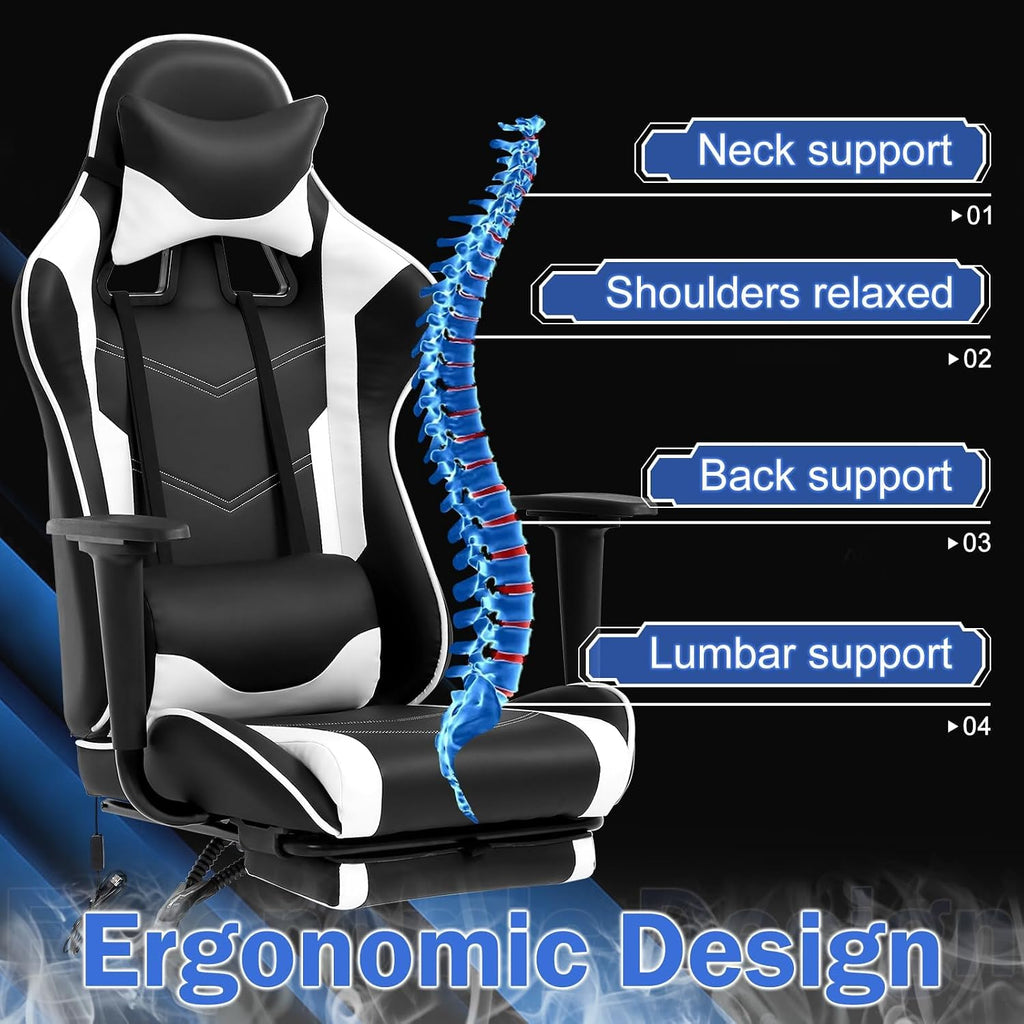 PC Gaming Chair Ergonomic Racing Office Chair Video Game Chair, Massage Function Lumbar Support with Arms Footrest & Headrest Nice Chic Desk Chair, Adjustable Home Office Chair - White