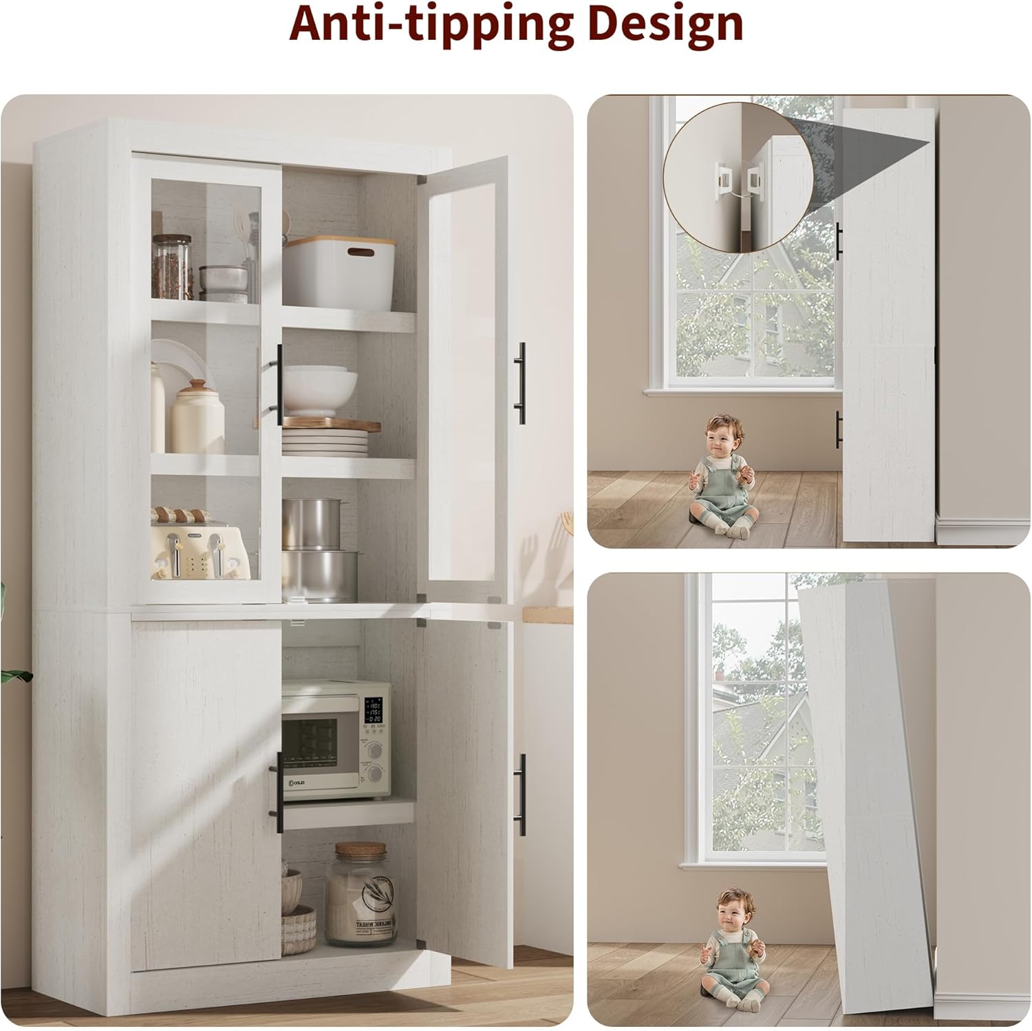 Garvee Tall Kitchen Pantry Cabinet, Farmhouse Wood Storage Cabinet with 4 Doors and Adjustable Shelves, Sturdy Frame, 70.45" Large Office Bookcase Cabinets for Kitchen, Dining, Office, Rustic White