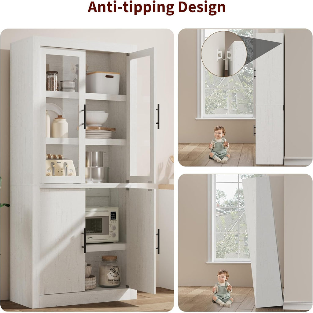 Tall Kitchen Pantry Cabinet, Farmhouse Kitchen Pantry Storage Cabinet Wood, 70.45" Large Cupboard with 4 Doors & Adjustable Shelves for Kitchen Storage, Dining, Office, Rustic White