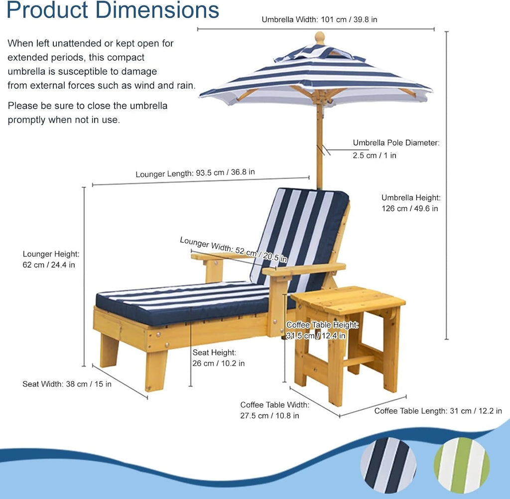 Kids Lounge Chair Outdoor, Toddler Chaise Lounge w/Removable Striped Fabric Cushions, Parasol and Coffee Table, Minimalist Patio Furniture for Pool Beach Backyard Lawn(Green)