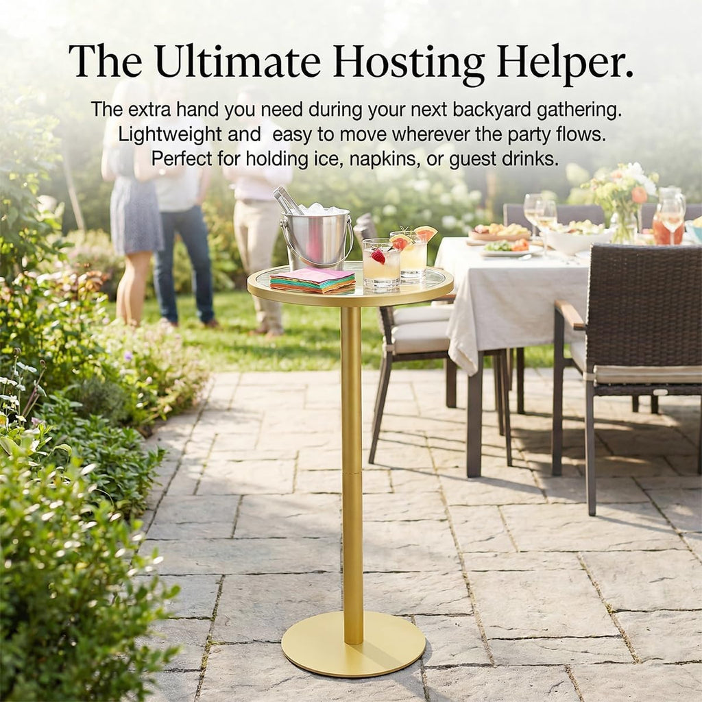 Gold Drink Table, Indoor Outdoor Small Round Side Table with Tempered Glass Top & Scroll Design, 24.7" Metal Pedestal End Table for Living Room, Patio, Small Spaces, Weather Resistant