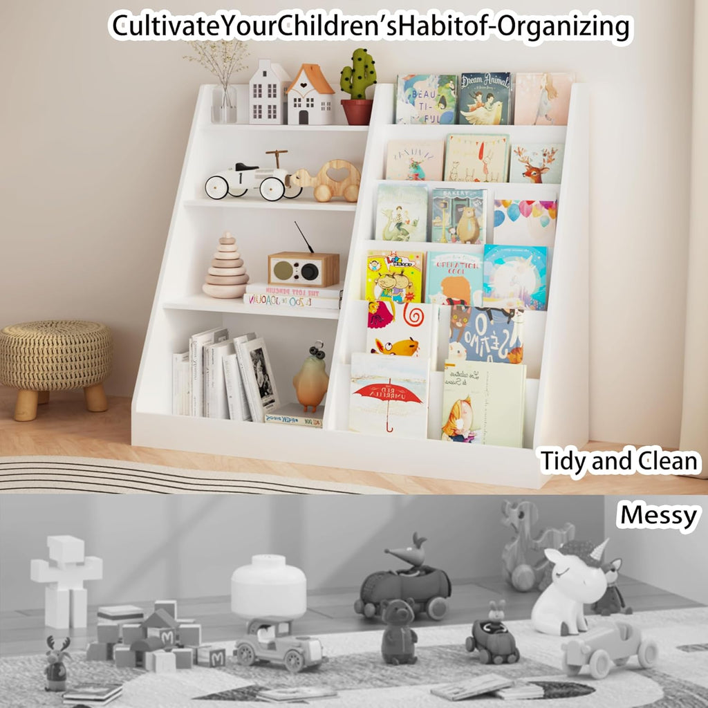 6 Tier Kids Wooden Bookshelf and Toy Storage, Children Toy Organizer with Book Shelves, Easy Assembly, Toddler BookRack Baby Bookcase for Nursery, Playroom and Classroom, White (White)