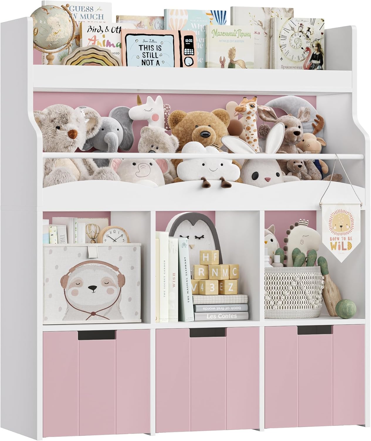 HITHOS Kids Toy Storage Organizer with Bookshelf, Multifunctional Book Shelf with 3 Movable Toy Organizers for Kids Room, Kids Bookcase and Toy Box, Toy Storage Chest for Playroom, Pink