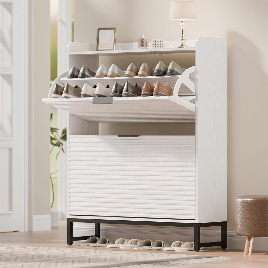 MU Shoe Storage Cabinet with 2 Flip Drawers, Freestanding Fluted Shoe Cabinet, Narrow Wood Shoe Cabinet, Hidden Shoe Organizer with Metal Legs for Entryway, Foyer, Hallway, White