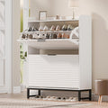 MU Shoe Storage Cabinet with 2 Flip Drawers, Freestanding Fluted Shoe Cabinet, Narrow Wood Shoe Cabinet, Hidden Shoe Organizer with Metal Legs for Entryway, Foyer, Hallway, White
