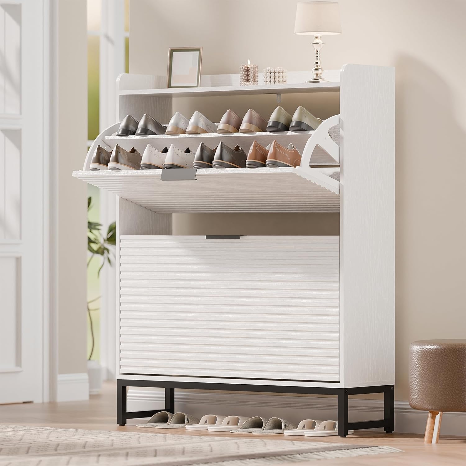 MU Shoe Storage Cabinet with 2 Flip Drawers, Freestanding Fluted Shoe Cabinet, Narrow Wood Shoe Cabinet, Hidden Shoe Organizer with Metal Legs for Entryway, Foyer, Hallway, White