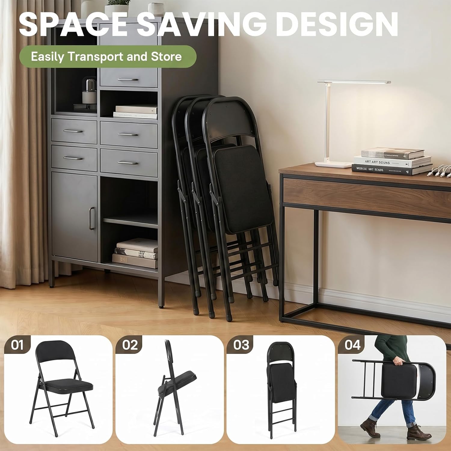6 Pack Folding Chairs, Fabric Folding Dining Chair Set with Padded Cushion and Back, Indoor Outdoor Folding Chair Set for Home Office Parties Events Wedding