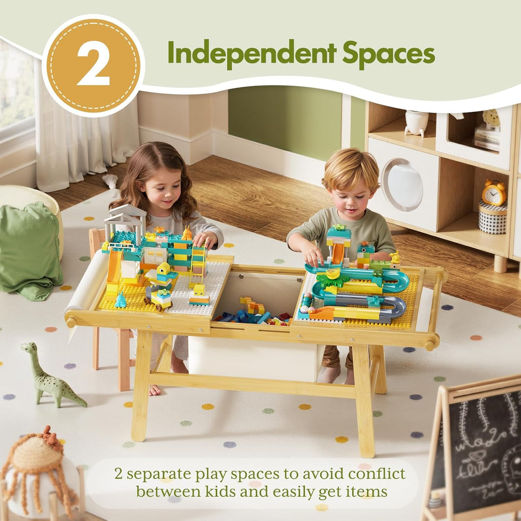 Kids Train Table with Storage, 5 in 1 Bamboo Activity Table for Building Blocks, Wooden Play Desk for Toddlers Ages 3-10, Multi-Functional Kids Table for Art, Drawing, Learning and Dining