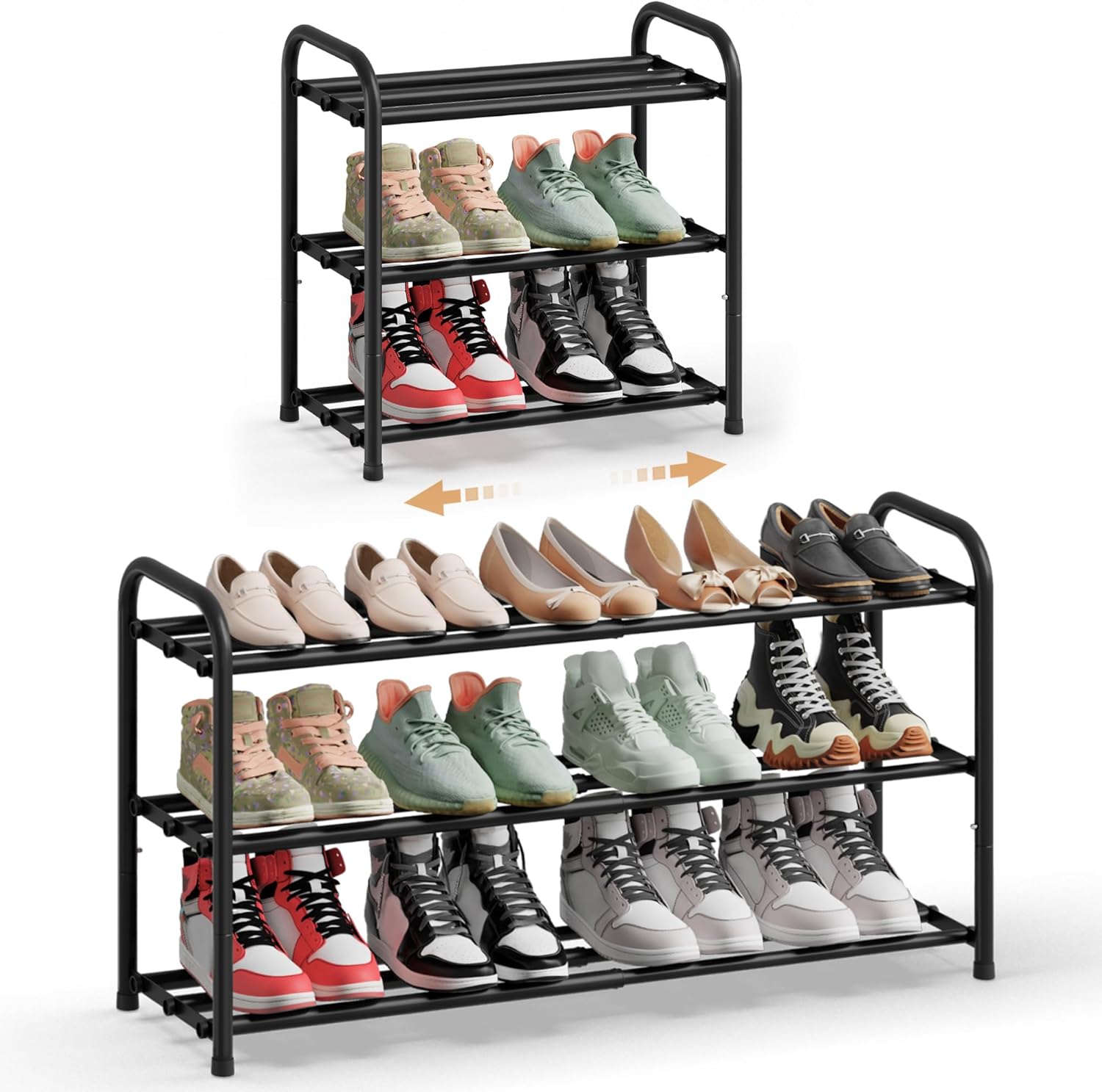 SONGMICS Expandable Shoe Rack, Adjustable Shoe Organizer Storage Shelf, Sturdy and Heavy-Duty, for Closet, Entryway, Living Room, 3-Tier, Ink Black ULMR036BD01