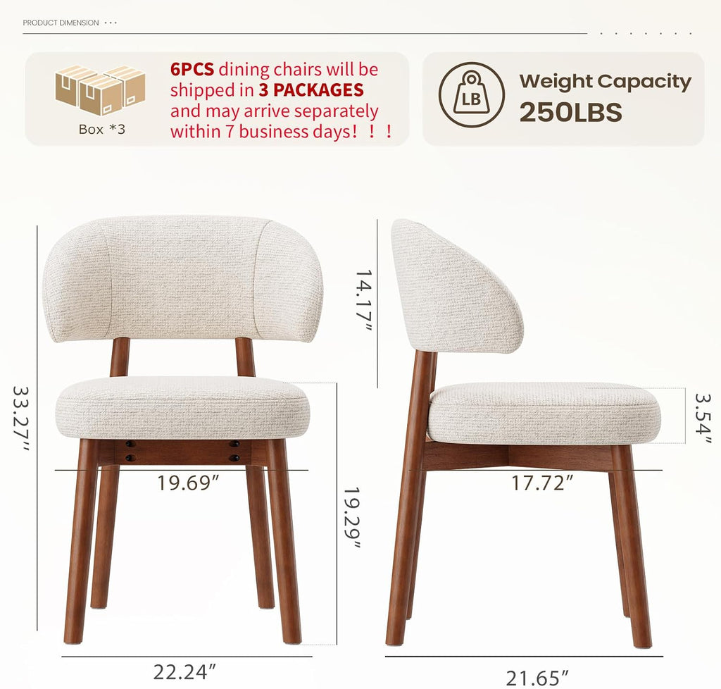 MALOL Wooden Dining Chairs Set of 6, Modern Upholstered Dining Room Chair, Fabric Kitchen Side Chairs with Curved Open Back for Living Room/Restaurant/Cafe, Beige