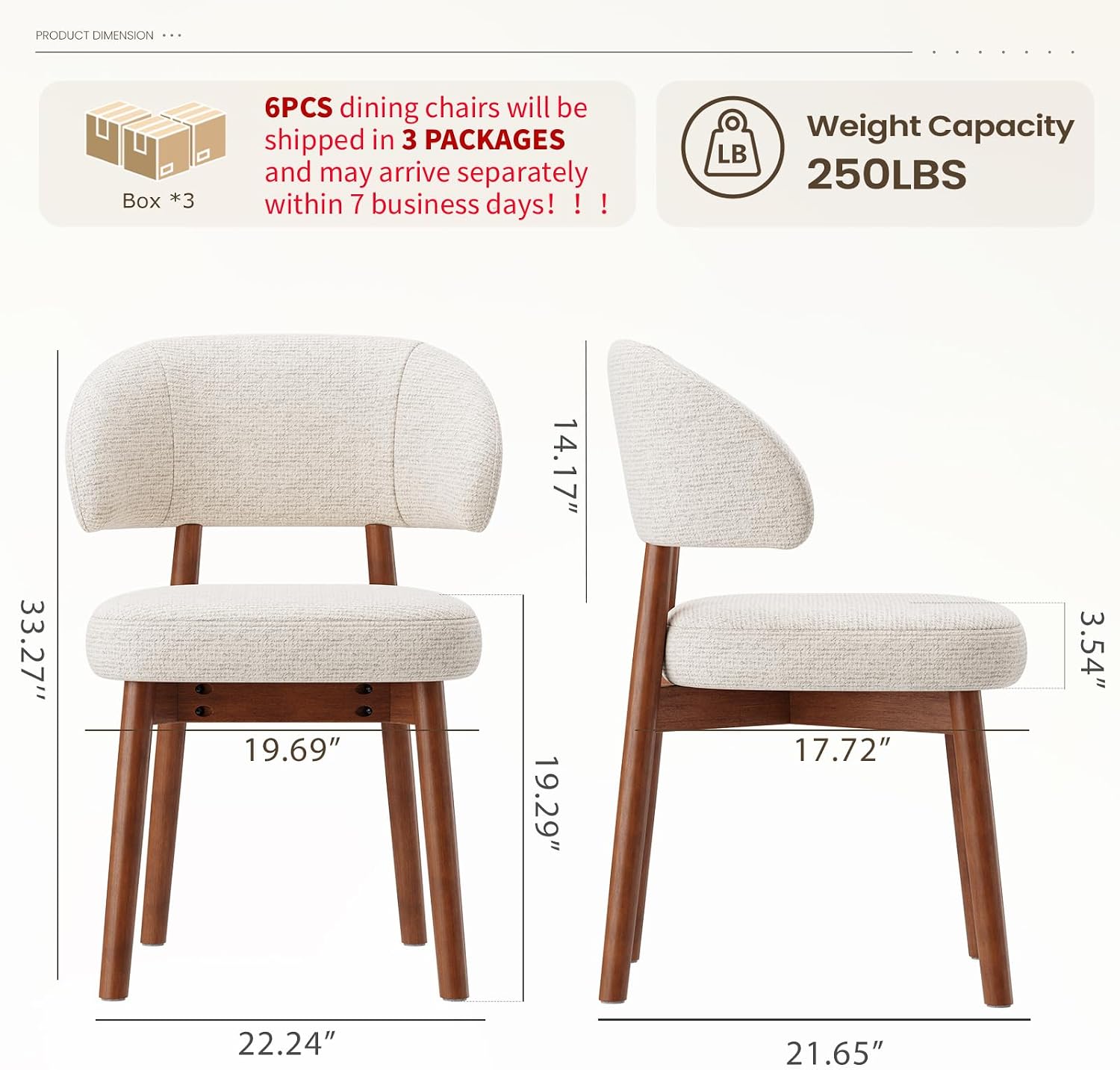 MALOL Wooden Dining Chairs Set of 6, Modern Upholstered Dining Room Chair, Fabric Kitchen Side Chairs with Curved Open Back for Living Room/Restaurant/Cafe, Beige
