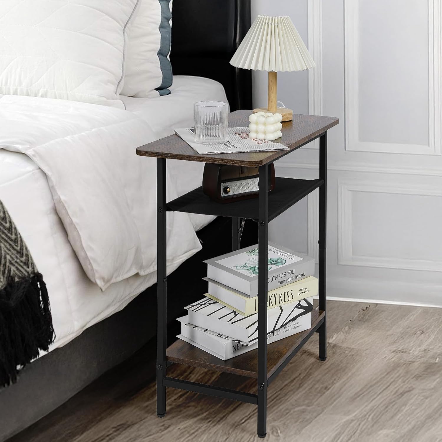 3-Tier Side Table for Living Room, Narrow End Table for Small Spaces with Wide Storage Tabletop,Rustic Brown Slim Couch Side Table Nightstand for Bedroom, Sofa