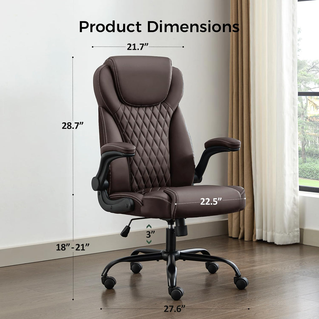 amseatec Office Chair, Executive PU Leather Chair, Ergonomic Computer Desk Chair with Lumbar Support and Adjustable Flip-Up Arms, Rocking Task Chair, Brown