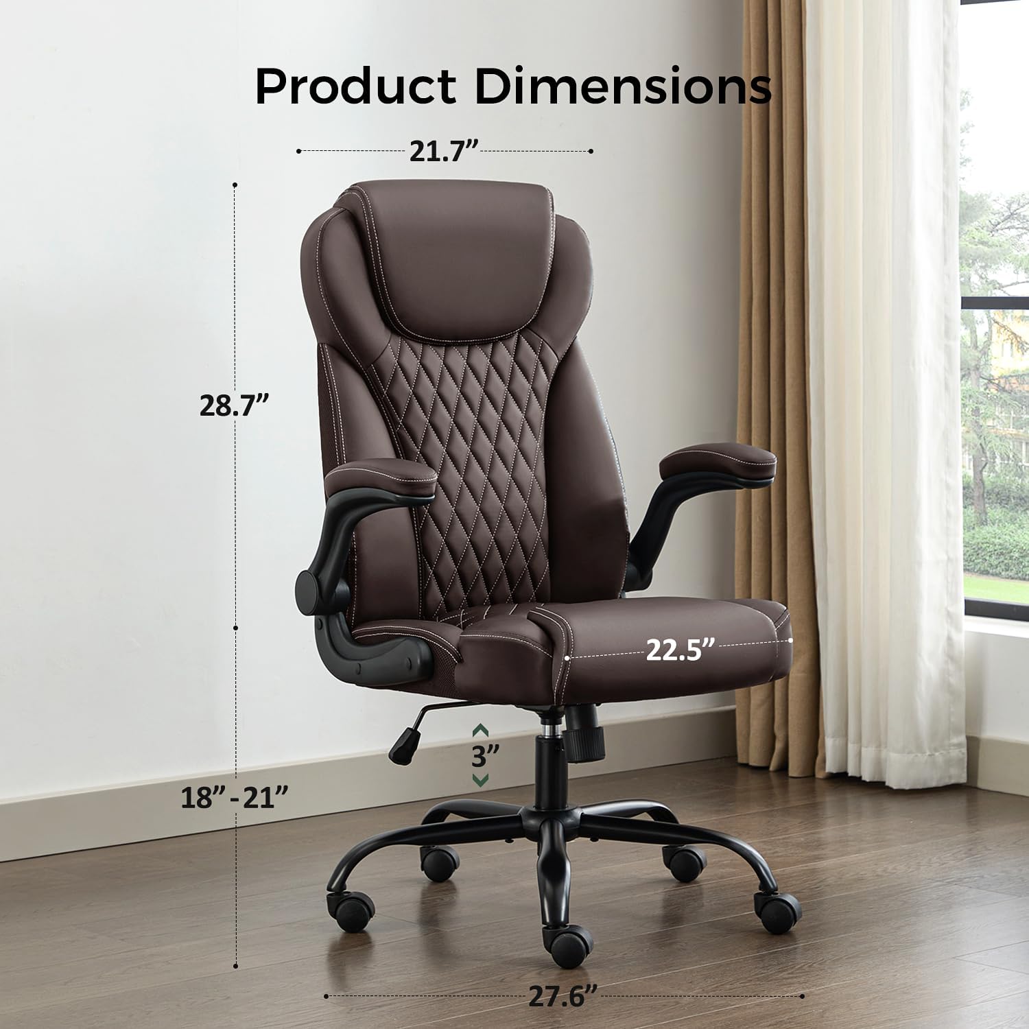 amseatec Office Chair, Executive PU Leather Chair, Ergonomic Computer Desk Chair with Lumbar Support and Adjustable Flip-Up Arms, Rocking Task Chair, Brown