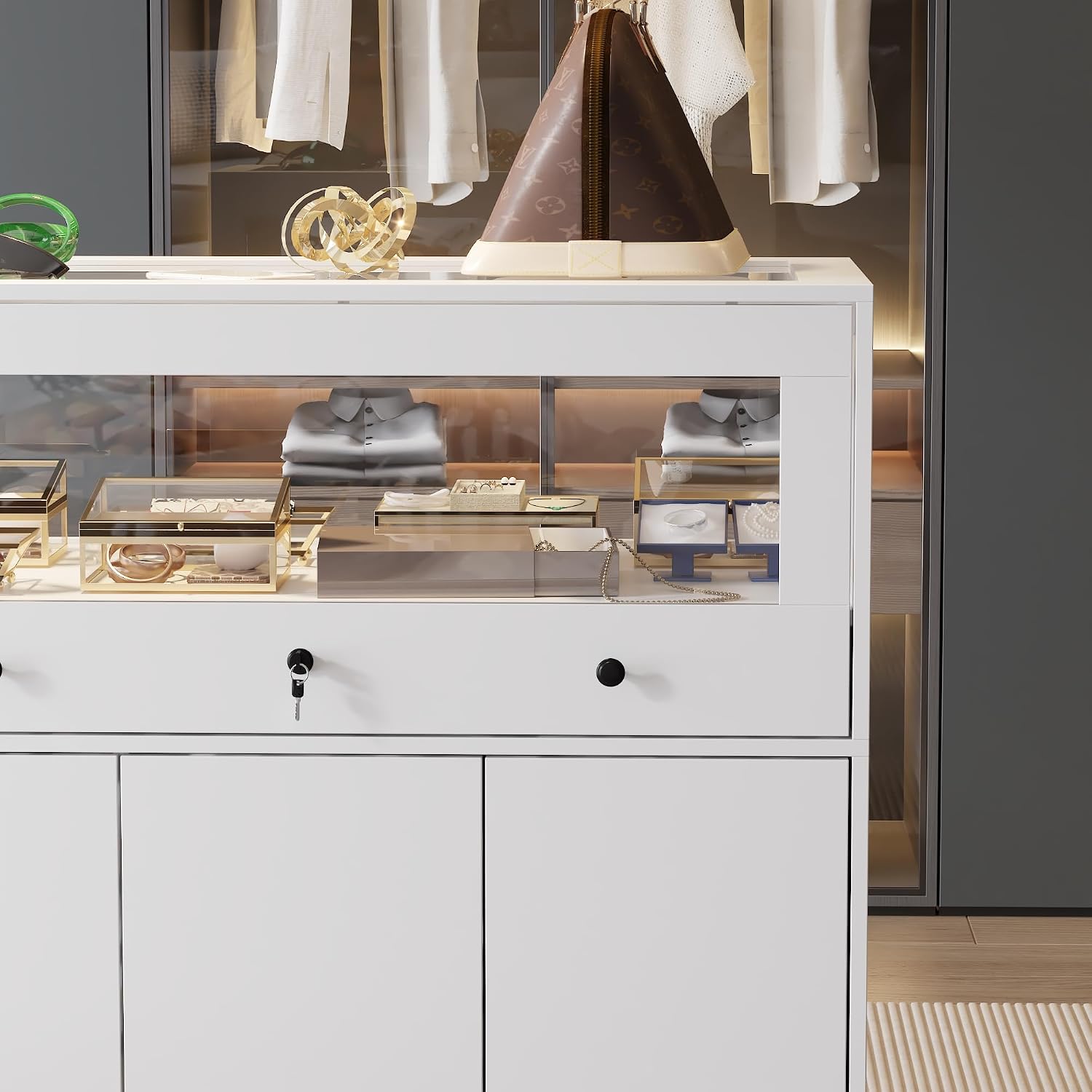 Homsee Wardrobe Armoire Closet with Lock, Walk-in Closet Island Dresser with Glass Showcase, Drawers & Doors, Modern Storage Display Cabinet for Bedroom, Fitting Room & Shops, White