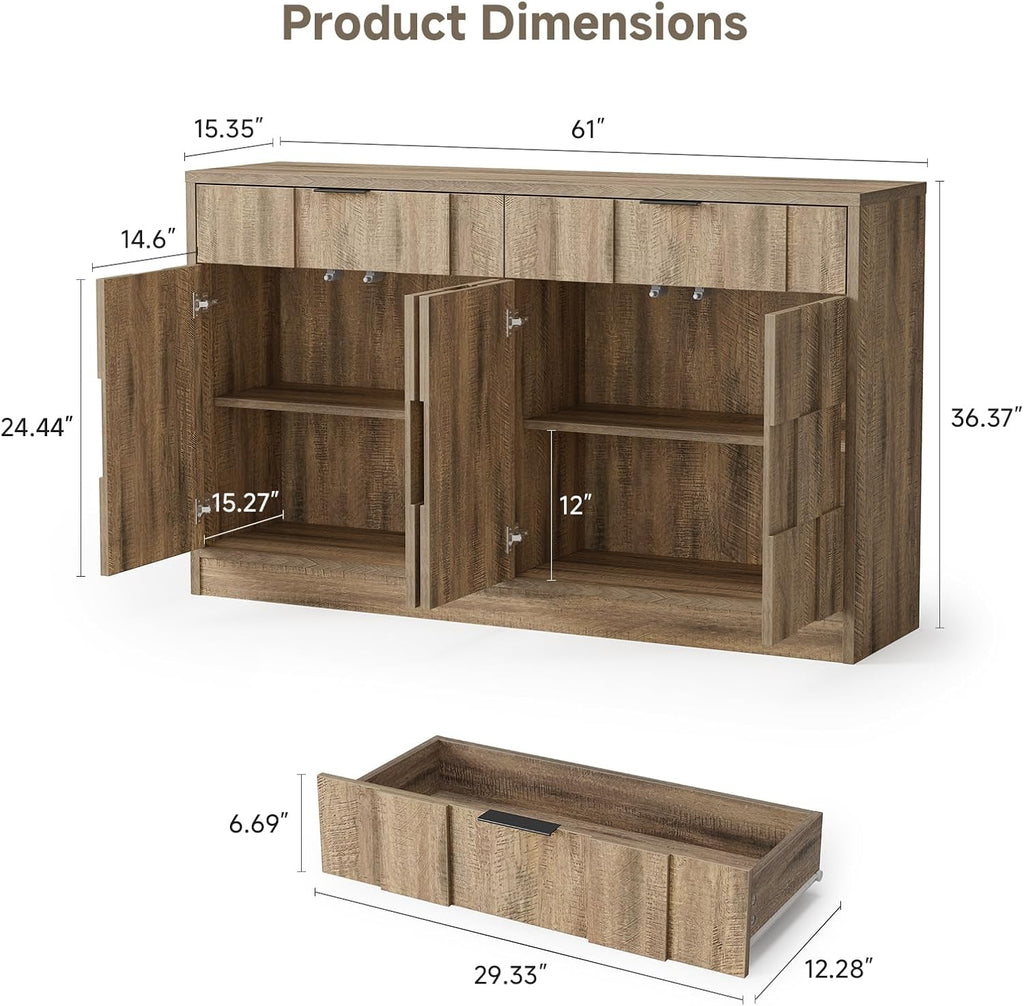 ONBRILL 61" Sideboard Buffet Cabinet with Storage, Large Coffee Bar Cainet with Doors and Drawers, Wood Credenza Console Cabinet Buffet Table for Kitchen Living Room Entryway (Washed Grey)