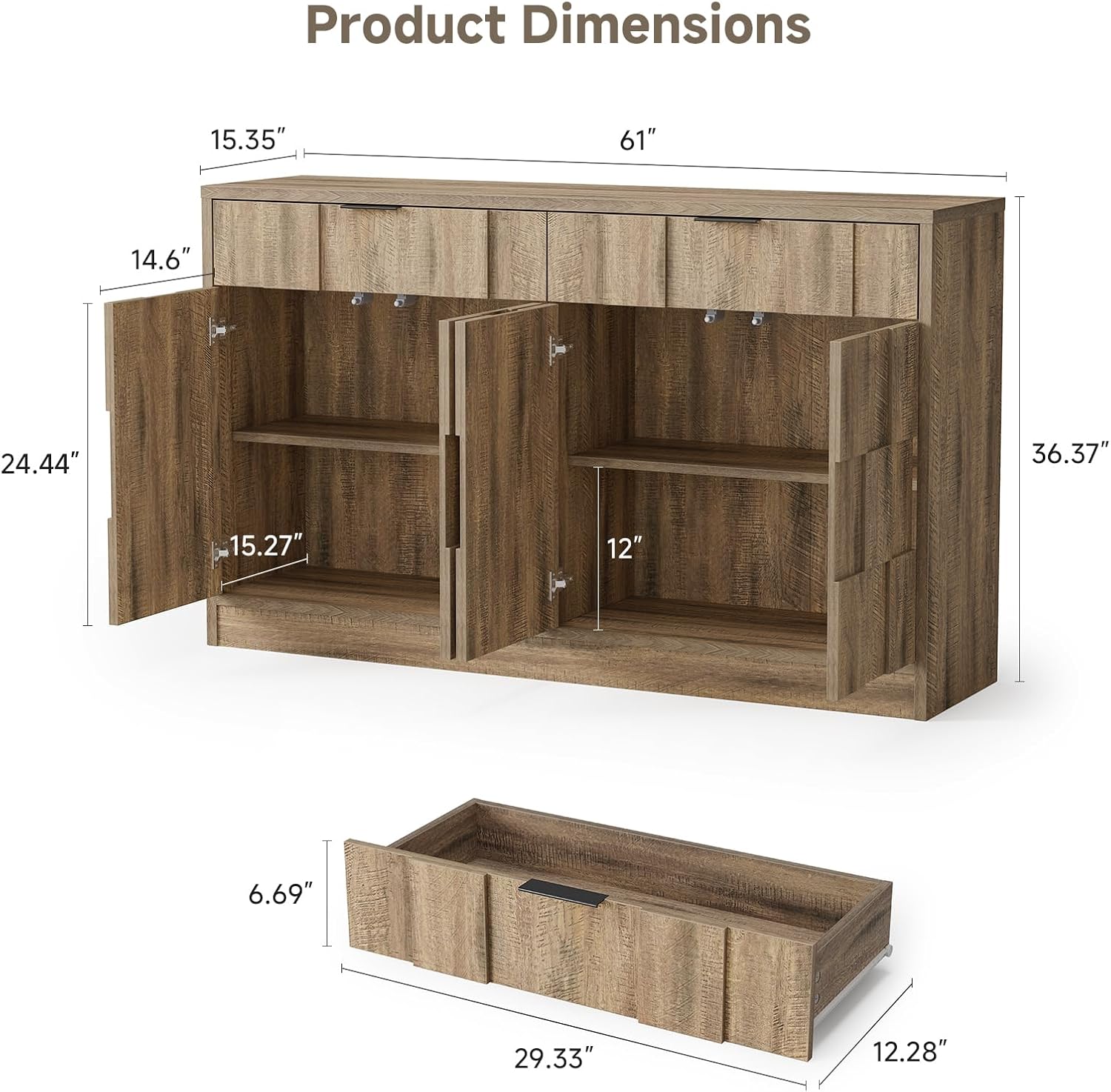 ONBRILL 61" Sideboard Buffet Cabinet with Storage, Large Coffee Bar Cainet with Doors and Drawers, Wood Credenza Console Cabinet Buffet Table for Kitchen Living Room Entryway (Washed Grey)