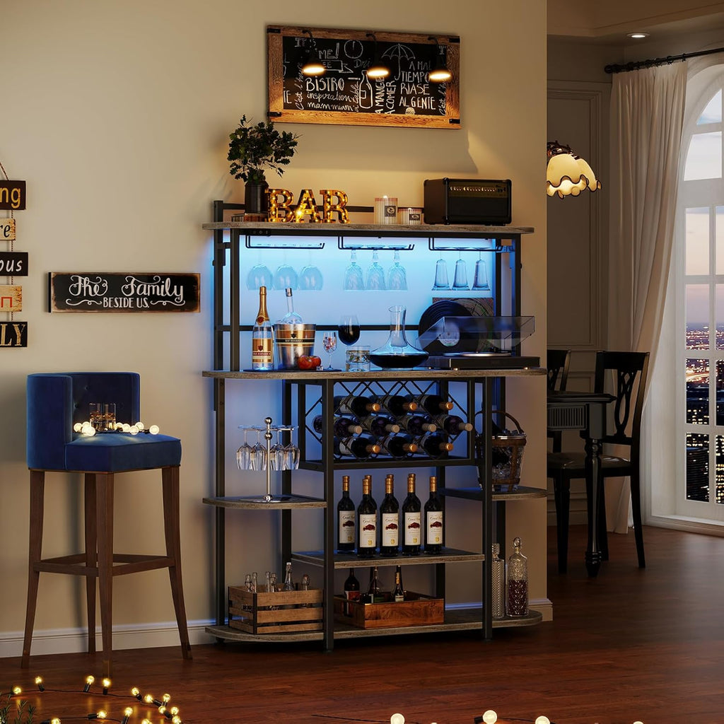 ROCHECASA Wine Rack with LED Light, Bar Table Cabinet with Glass Holder, Freestanding Coffee Bar Storage Shelves, 6-Tier Liquor Cabinet for Kitchen, Dining Room, Living Room,Grey 43.3"