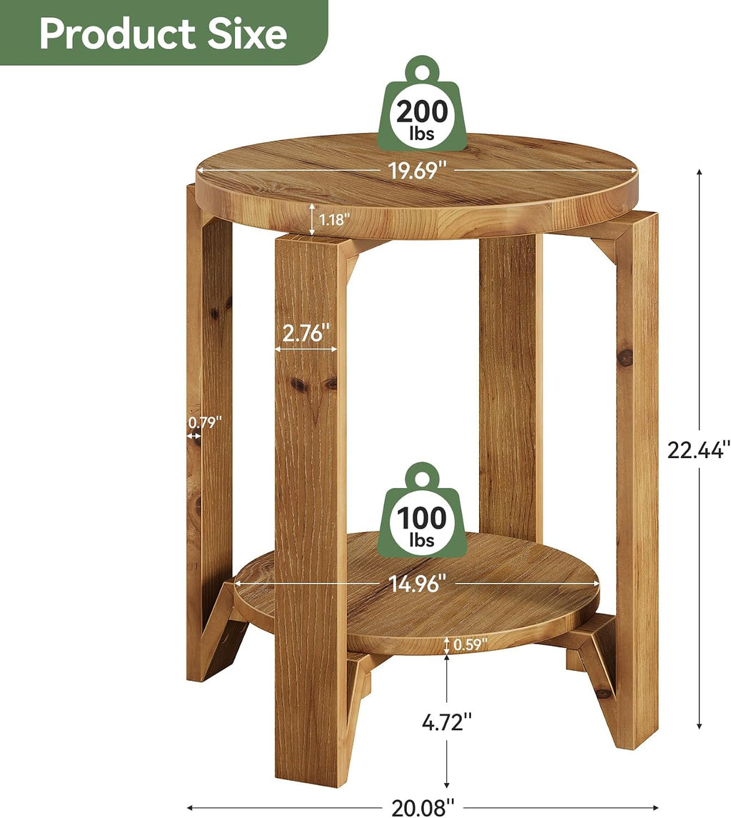 Solid Wood End Table, 2-Tier Round Wood Side Table for Living Room, Farmhouse Circle Nightstand with Storage for Bedroom, Couch, Small Spaces, Easy Assembly, Rustic Brown