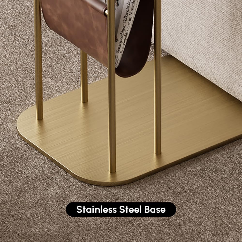 homary C-Shaped Side Table, 360° Rotating End Table with Storage, Walnut & Gold Sofa Table with Magazine Rack, Space-Saving Table for Living Room & Bedroom (Walnut)
