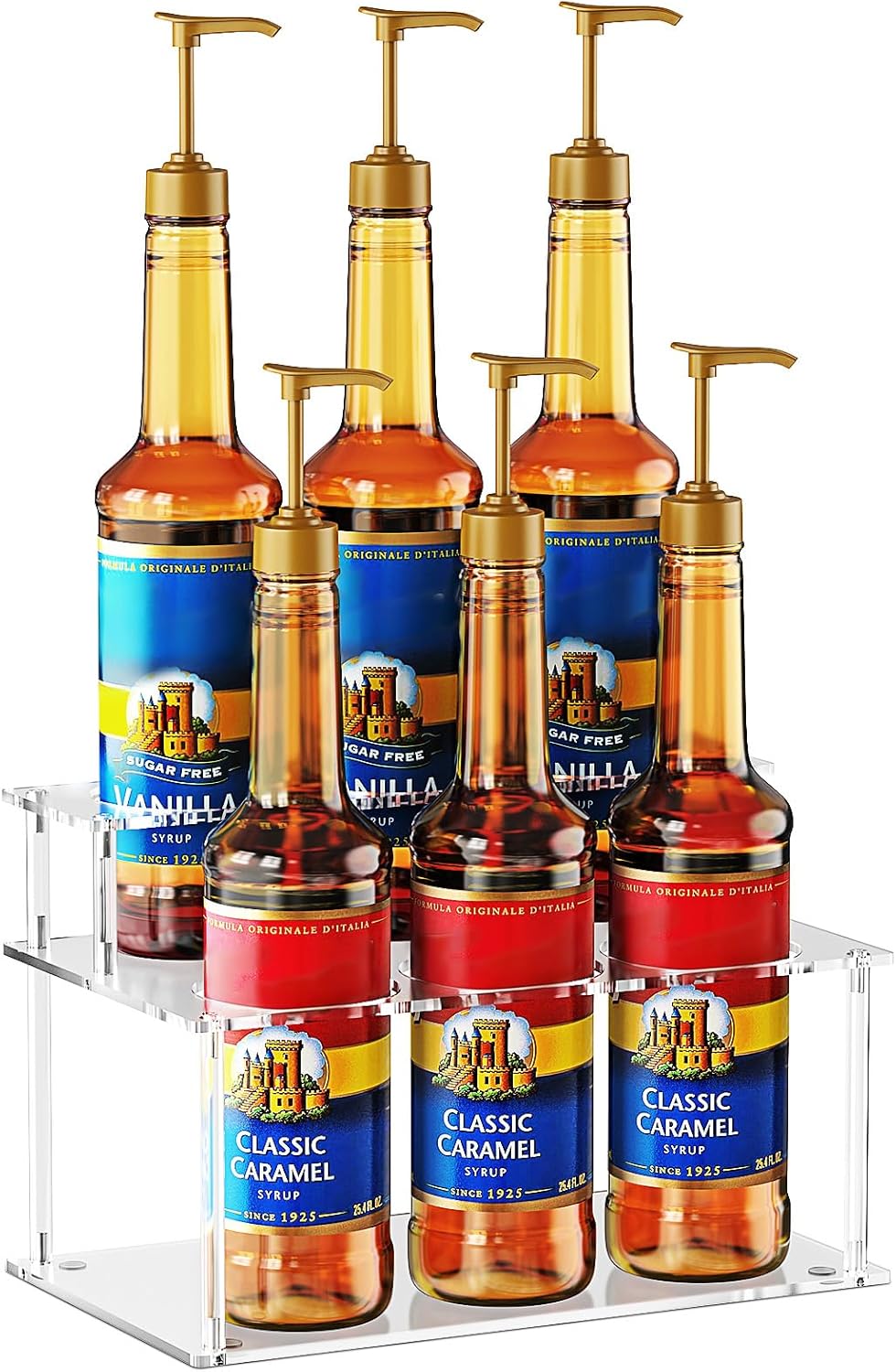 Nuovoware Acrylic Coffee Syrup Organizer, 2-Tier 6 Bottles Bar Organizer, Clear Coffee Syrup Rack for Countertop Kitchen Bar, Surface Film Can be Peeled Off, Transparent