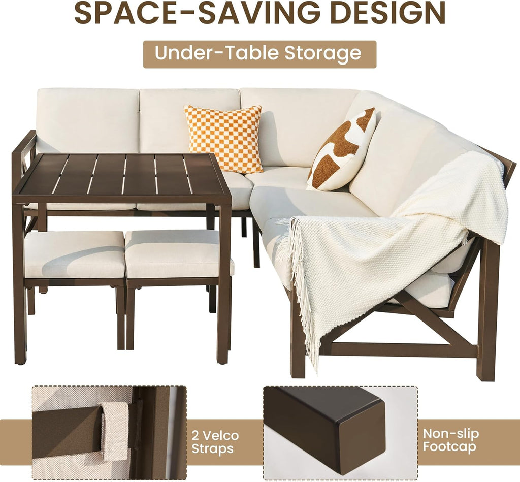 NATURAL EXPRESSIONS 8 Pieces Patio Furniture Sets,Metal Outdoor Sectional Furniture L Shape Conversation Sets with Dining Table,2 Ottomans,Highback Frame,Large Waterproof Cover, 6.5" Cushions for Yard