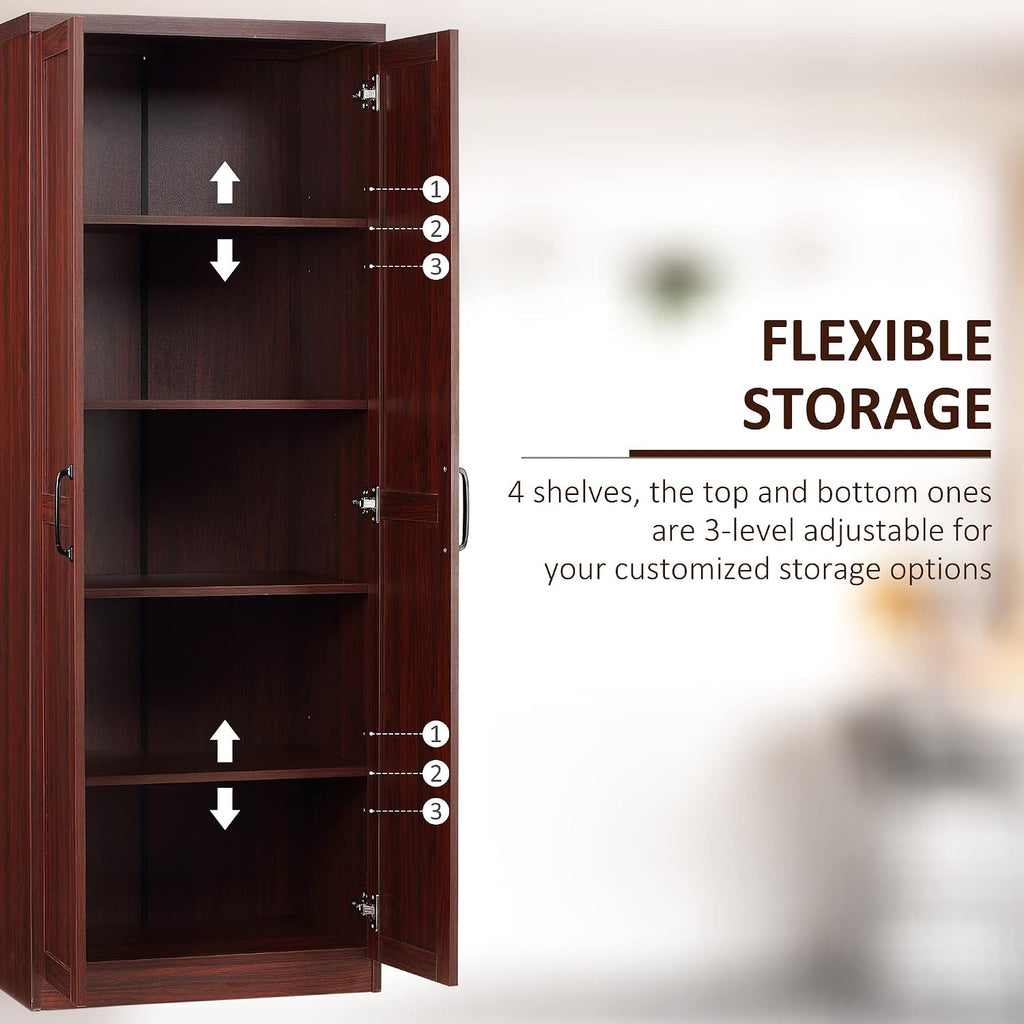 63" 2-Door Kitchen Pantry, Freestanding Storage Cabinet with 5-Tier Shelving and 2 Adjustable Shelves for Dining Room, Cherry Wood Color