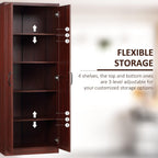 63" 2-Door Kitchen Pantry, Freestanding Storage Cabinet with 5-Tier Shelving and 2 Adjustable Shelves for Dining Room, Cherry Wood Color