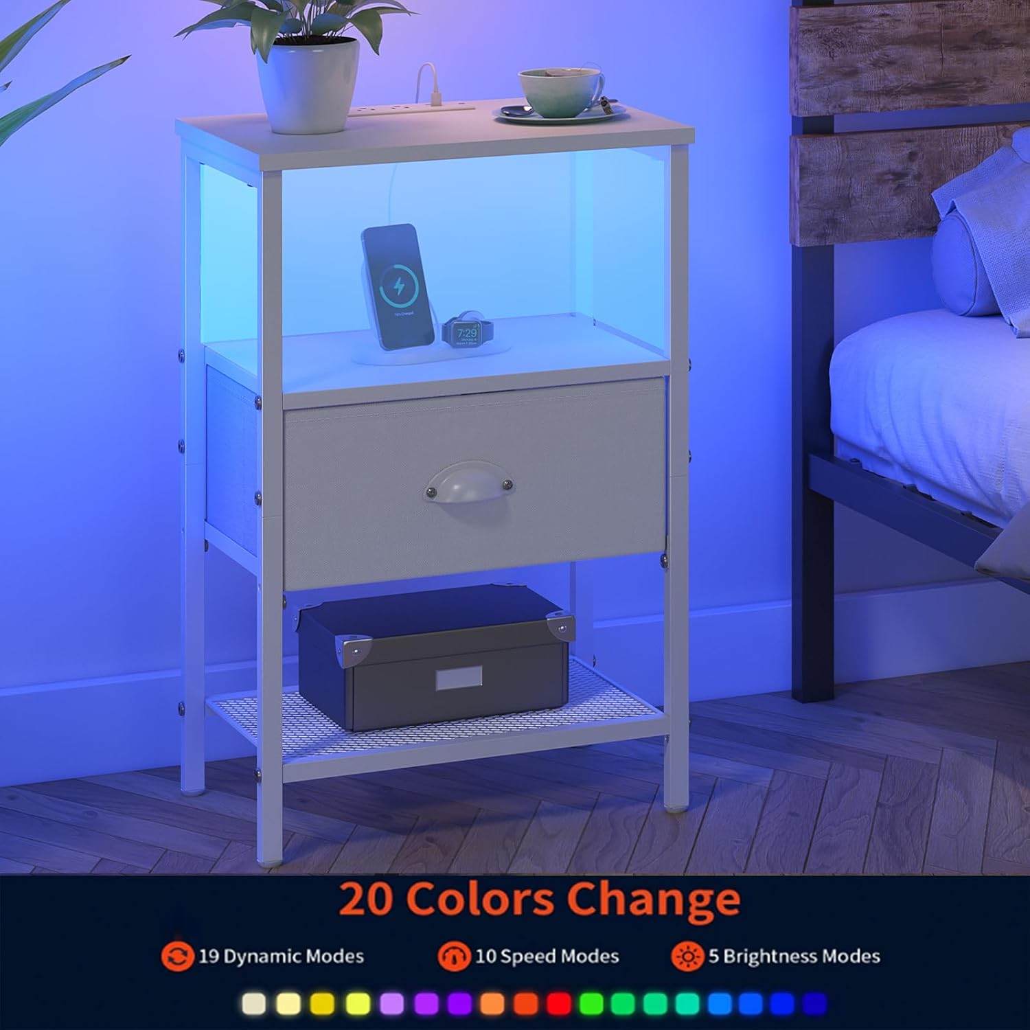 sthmec Nightstands Set of 2, LED Bedside Tables with Charging Station and Fabric Drawer, Night Stand with Storage, 3 Tier Side Table with Open Shelf, LED Nightstand with Charging Station, White