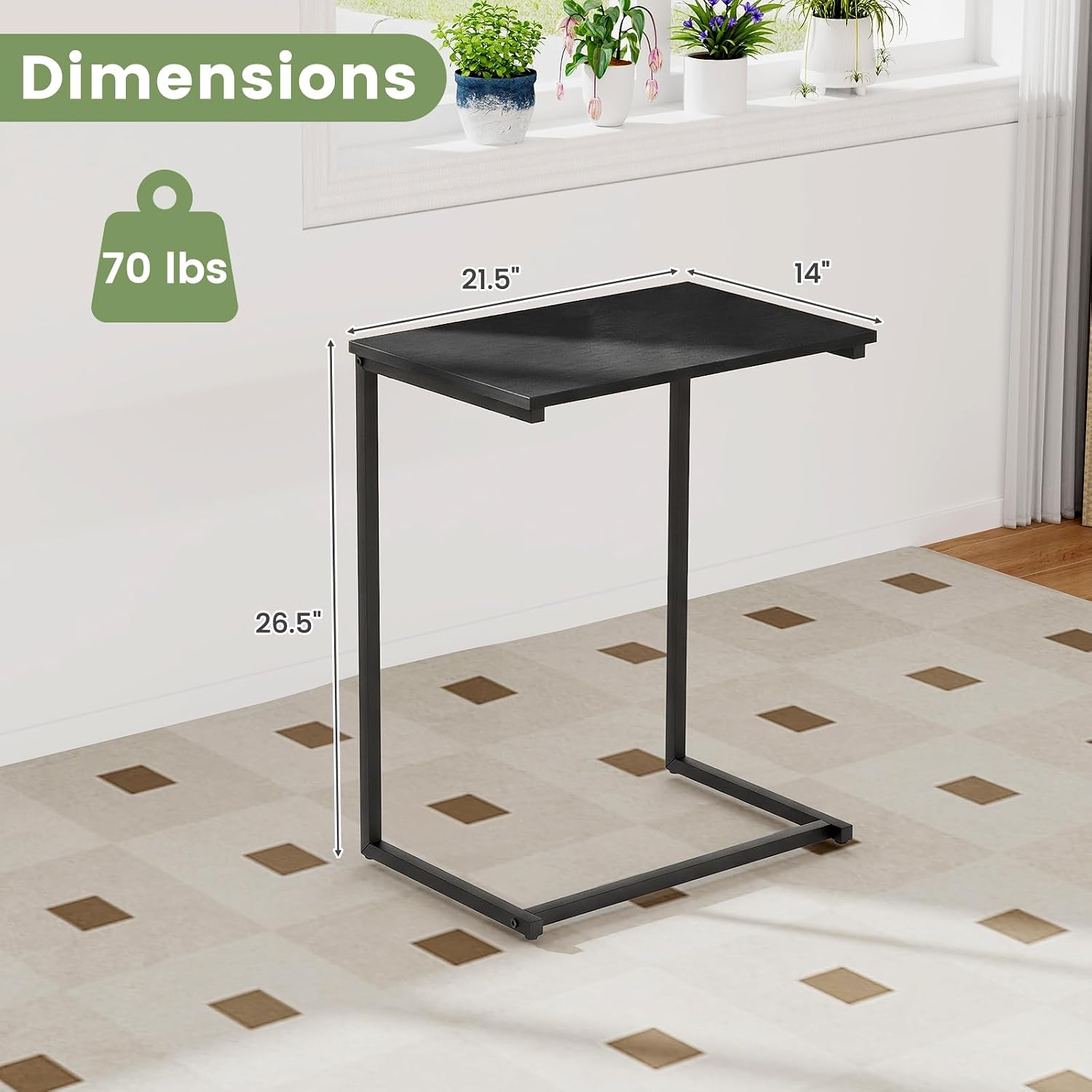Tangkula C-Shaped End Table, Vintage Accent Couch Table with Heavy-Duty Metal Frame for Coffee/Snacks/Laptop, 26.5" Side Table for Bed, Sofa, Armchair (1, Black)