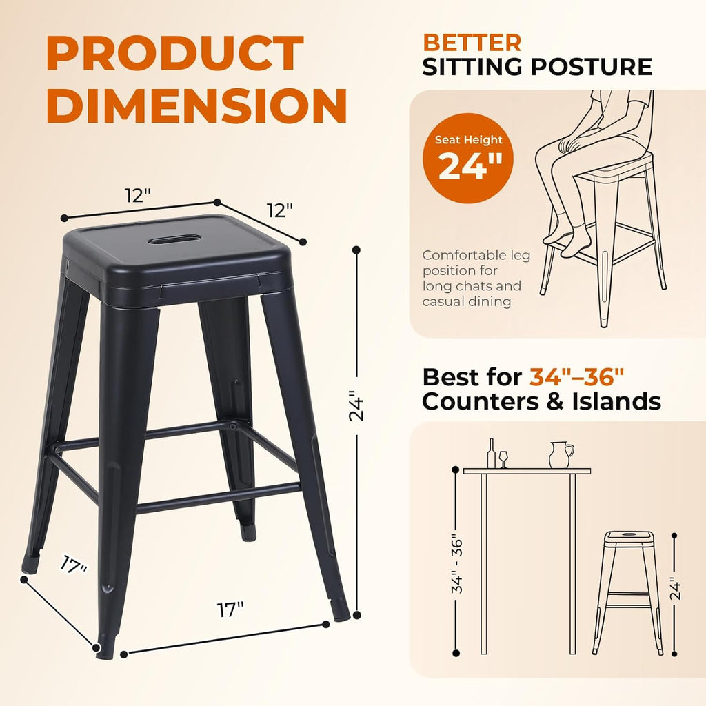 Midnight Black Metal Bar Stools Set of 2, 24 Inch One-Piece Cold-Rolled Steel Counter Stools, Small Space Industrial Barstools, Easy Assembly Kitchen Island Chairs for Apartment & Cafe