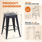 Midnight Black Metal Bar Stools Set of 2, 24 Inch One-Piece Cold-Rolled Steel Counter Stools, Small Space Industrial Barstools, Easy Assembly Kitchen Island Chairs for Apartment & Cafe