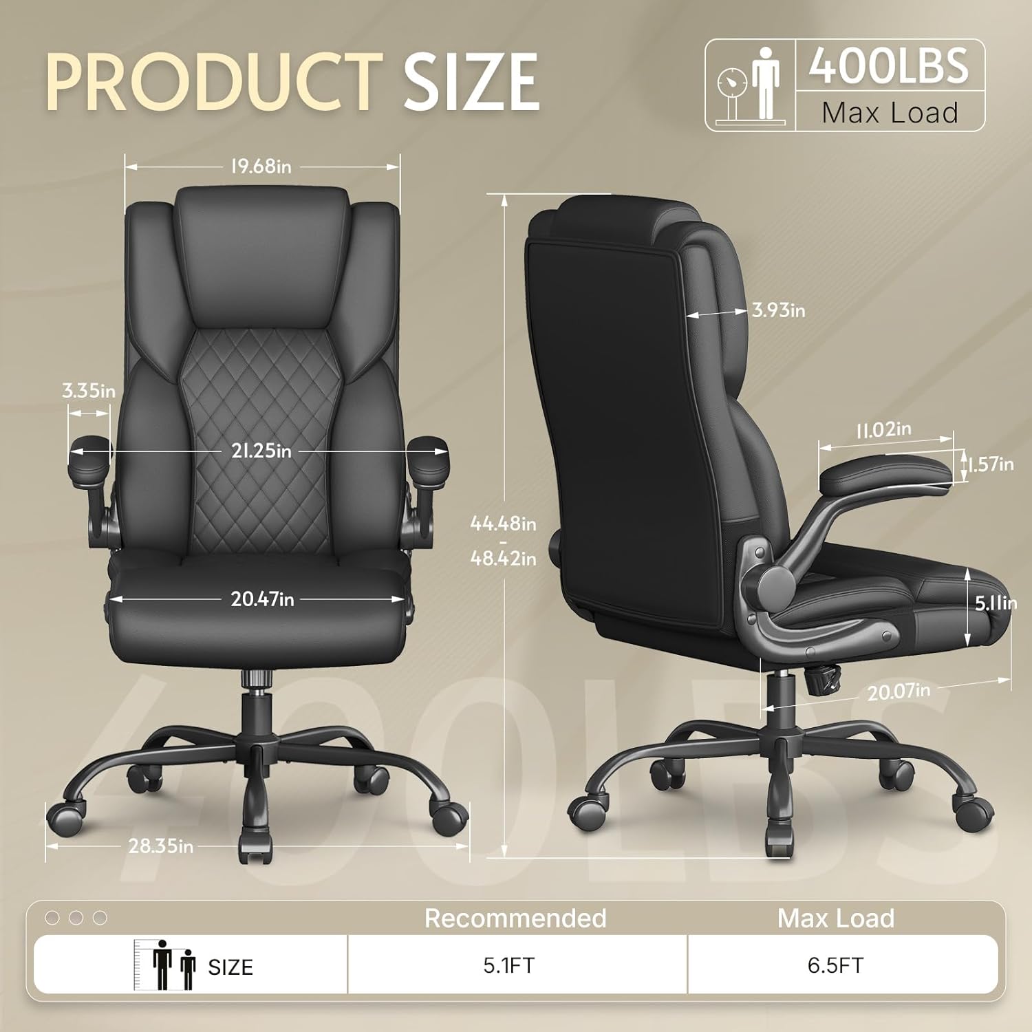 Office Chair,Big and Tall Office Chair,Home Desk Computer Chair, Executive Leather Computer Chair with Lumbar Support& Flip-Up Arms, Rocking Function Swivel Chair for Home Office,Black