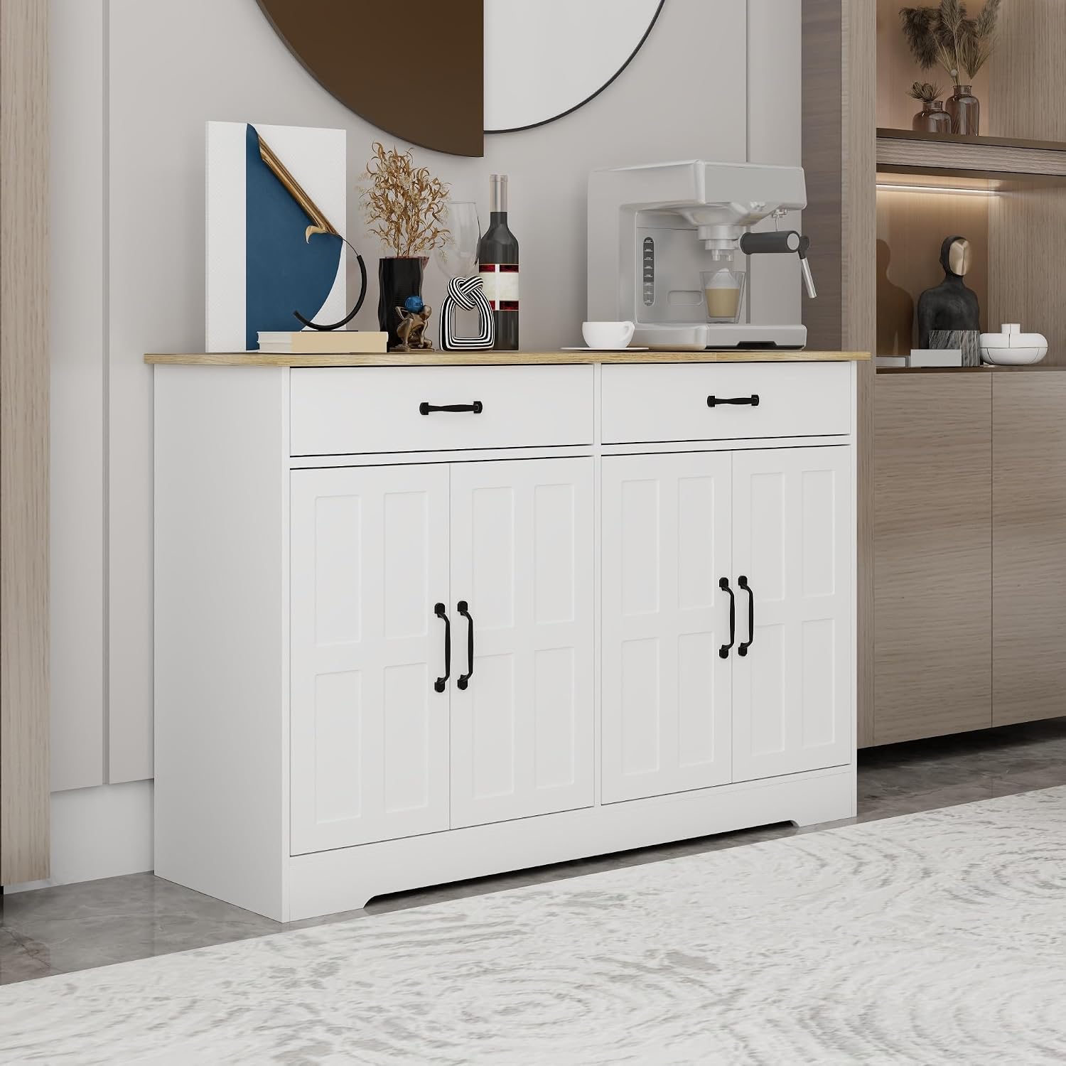 Farmhouse Buffet Cabinet Storage Sideboard, with 2 Drawers and 4 Doors, for Dining Living Room Kitchen,for Kitchen Home