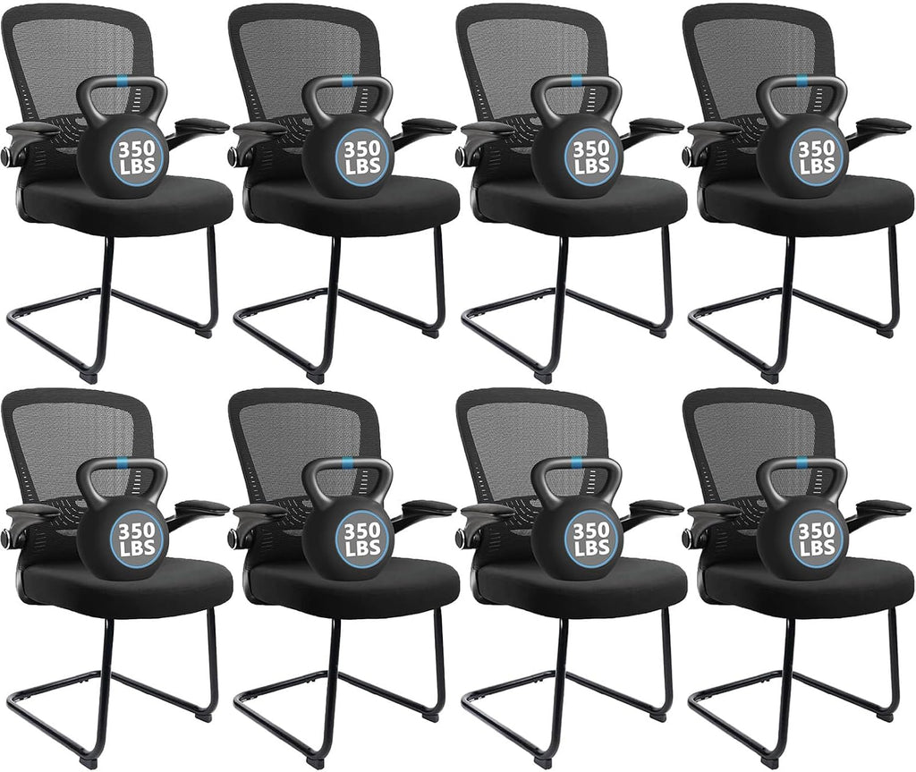 CLATINA Office Guest Chair no Wheels with Lumbar Support and Flip-up Armrest Mid Back Mesh Space Air Grid Series Sled Base for Reception Conference Room Black Set of 8