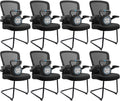 CLATINA Office Guest Chair no Wheels with Lumbar Support and Flip-up Armrest Mid Back Mesh Space Air Grid Series Sled Base for Reception Conference Room Black Set of 8