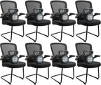 CLATINA Office Guest Chair no Wheels with Lumbar Support and Flip-up Armrest Mid Back Mesh Space Air Grid Series Sled Base for Reception Conference Room Black Set of 8