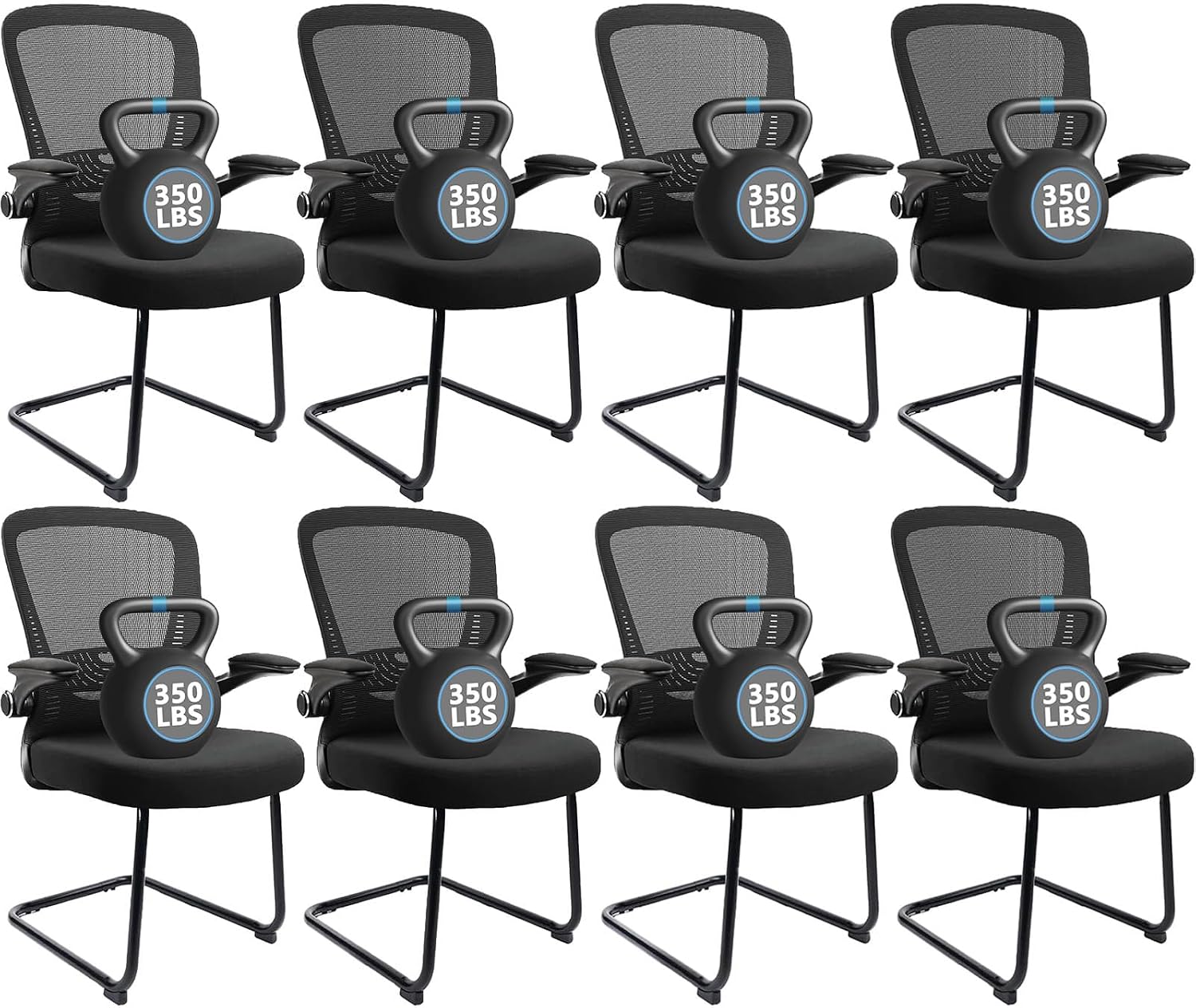 CLATINA Office Guest Chair no Wheels with Lumbar Support and Flip-up Armrest Mid Back Mesh Space Air Grid Series Sled Base for Reception Conference Room Black Set of 8