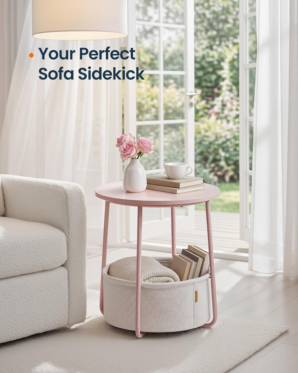 SONGMICS HOME Small Side Table, Round End Table, 2 Tier Nightstand with Basket, U Shaped Steel Legs, Easy Assembly, for Living Room, Bedroom, Pink and White
