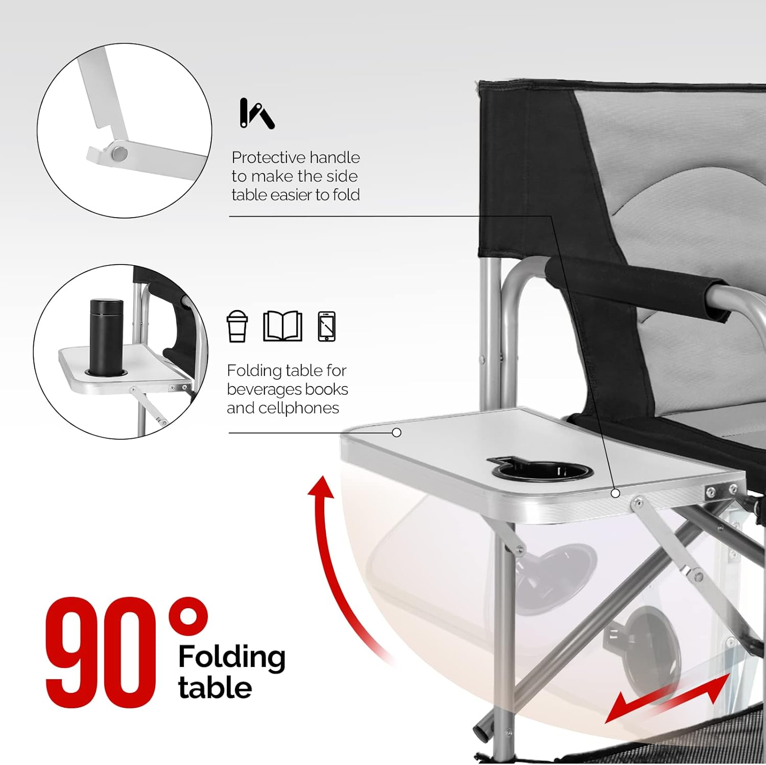 mefeir Tall Camping Chair Makeup Artist Director Chair 26" Counter Height, Portable Folding Design with Side Table, Cup Holder & Side Storage Bag, Heavy-Duty Iron Frame (300 lbs Capacity)