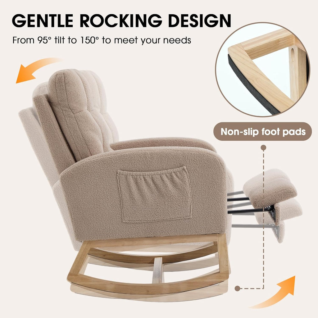 Nursery Rocking Chair, Teddy Boucle Upholstered Glider Rocker with Adjustable Footrest, High Back Rocker with Side Pockets, Comfy Accent Reading Chair for Living Room (Brown)