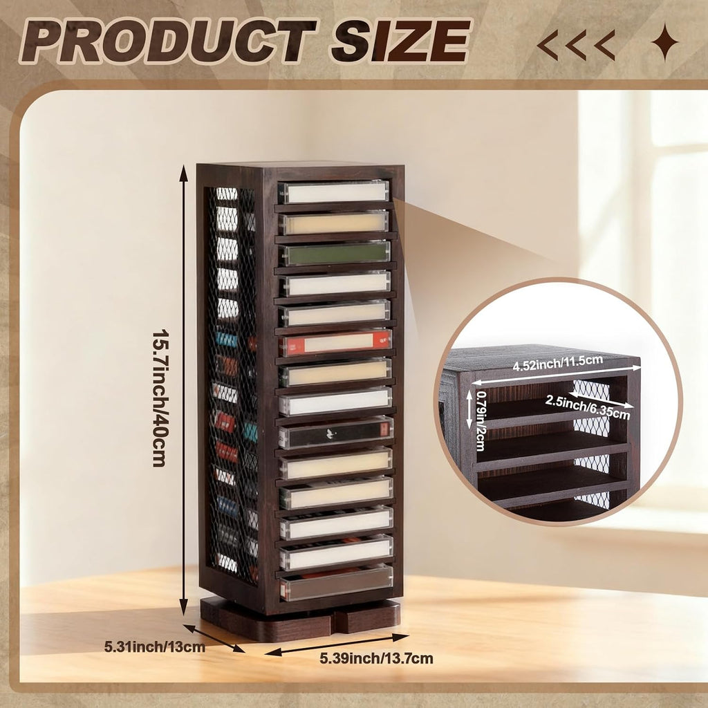 Ripeng Cassette Tape Holder, 28 Capacity 360° Rotating Double Sided Storage Rack, Rustic Brown Metal & Wood Display Shelf for Home, Music Studio