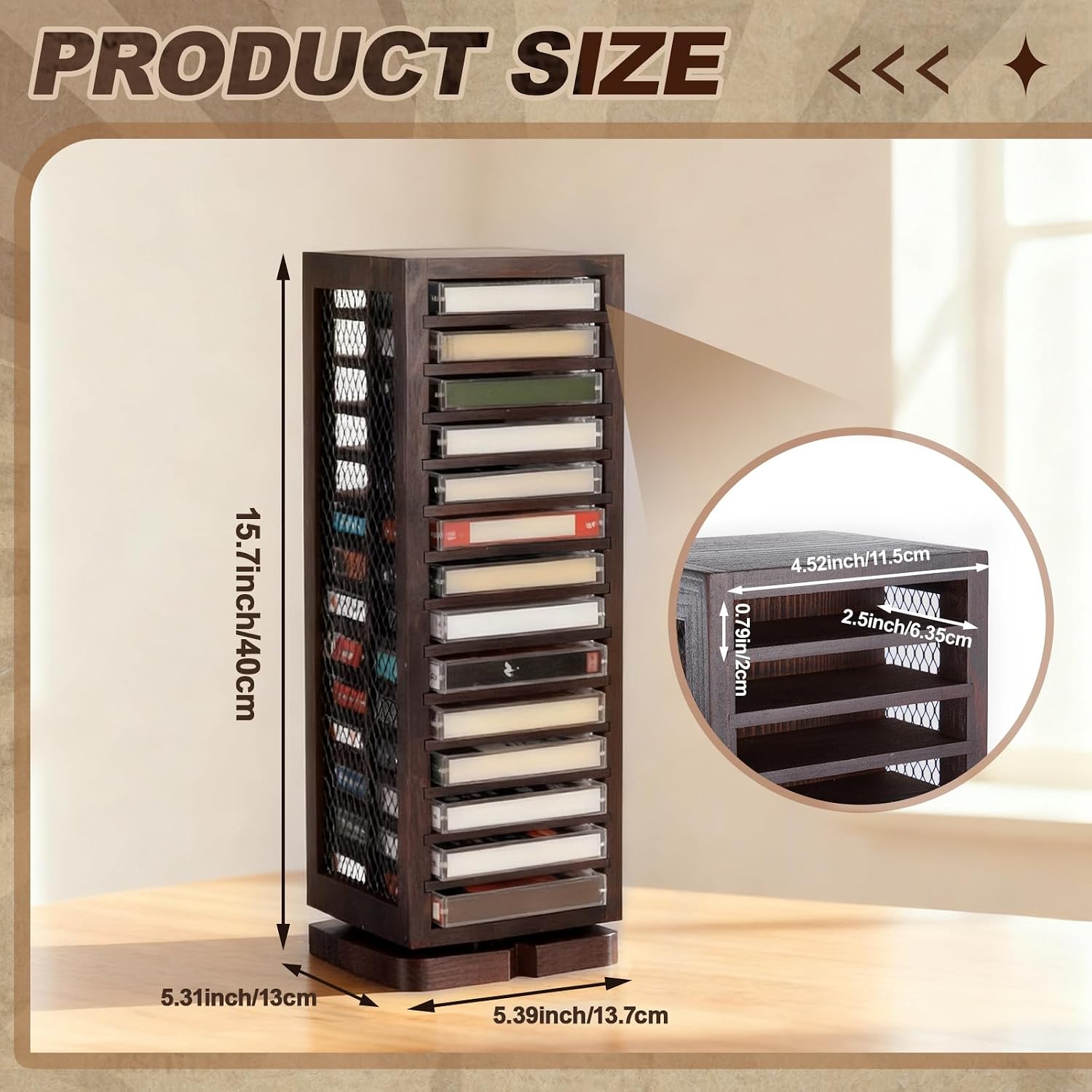 Ripeng Cassette Tape Holder, 28 Capacity 360° Rotating Double Sided Storage Rack, Rustic Brown Metal & Wood Display Shelf for Home, Music Studio