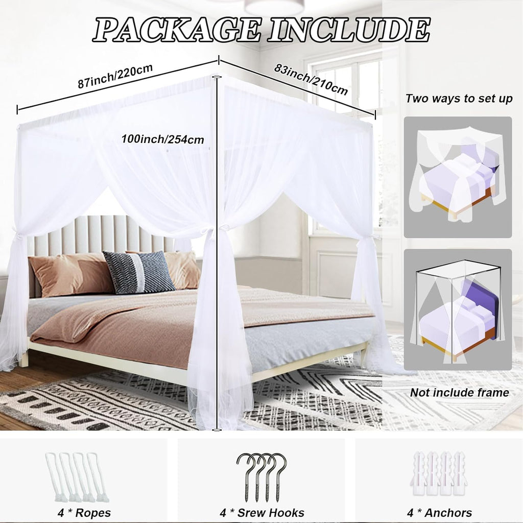 tupi Canopy Bed Curtains for King Size Bed, 100% Polyester Breathable Bed Canopy, 4 Corners Post Mosquito Net Canopy for Adults Bedroom Decor-White
