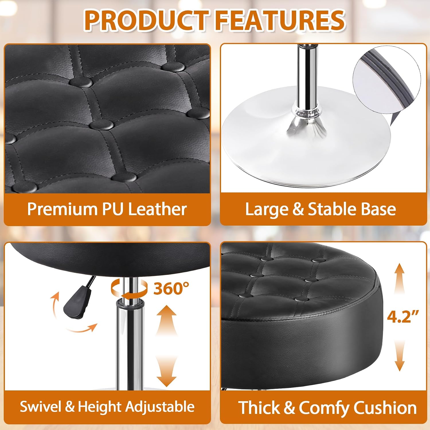 LEMY Adjustable Vanity Stool with 360° Swivel,Hydraulic Lift Round Makeup Chair Ottoman with Stable Base for Home Beauty Studio,Bedroom and Bathroom,Black