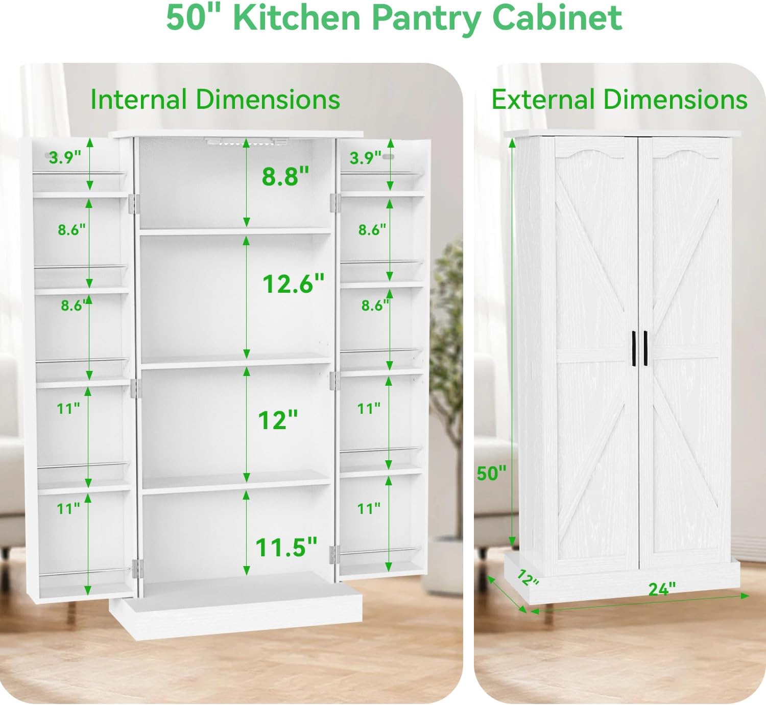 GEPELCN 50" LED Kitchen Pantry Cabinet Farmhouse Storage Cabinet Wood Food Pantry with Barn Doors and Adjustable Shelves Freestanding Buffet Cupboards Sideboard for Kitchen White