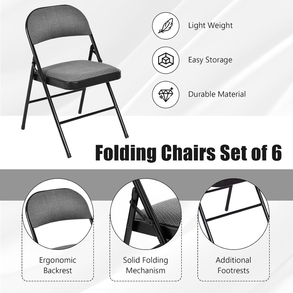 COSTWAY 6 Pack Upholstered Folding Chairs, Foldable Chair with Steel Frame and Fabric Padded Seat & Backrest for Home Office Outside Party Event, Grey & Black