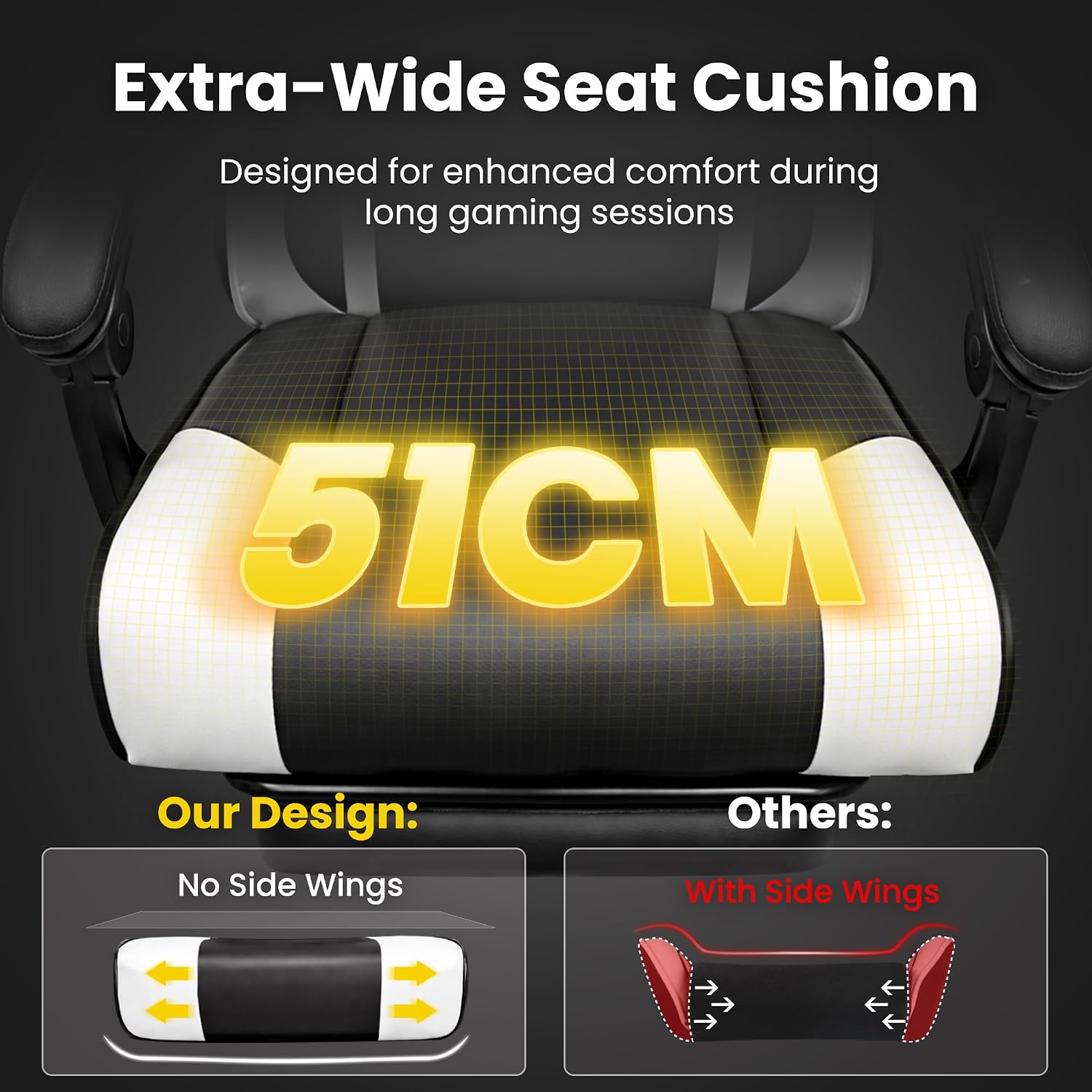 Gaming Chair Gamer Game Ergonomic with Footstool Lumbar Support Deep Black | Headrest, Height and Backrest Adjustable, Deep Black Leather, 210 KG Heavy Duty Load Capacity 52cm Wingless Cushion