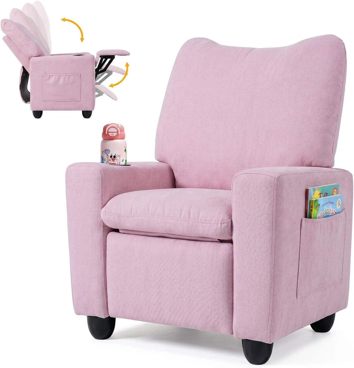 HONEY JOY Kids Recliner with Cup Holder, Chenille Fabric Upholstered Push Back Toddler Sofa w/Storage Pockets, Adjustable Backrest & Footrest, Child Reclining Chair for Ages 3+, Pink